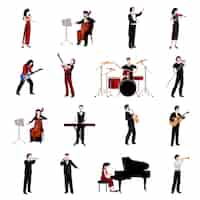 Free vector musicians flat icons set with pianist clarinet trumpet guitar players