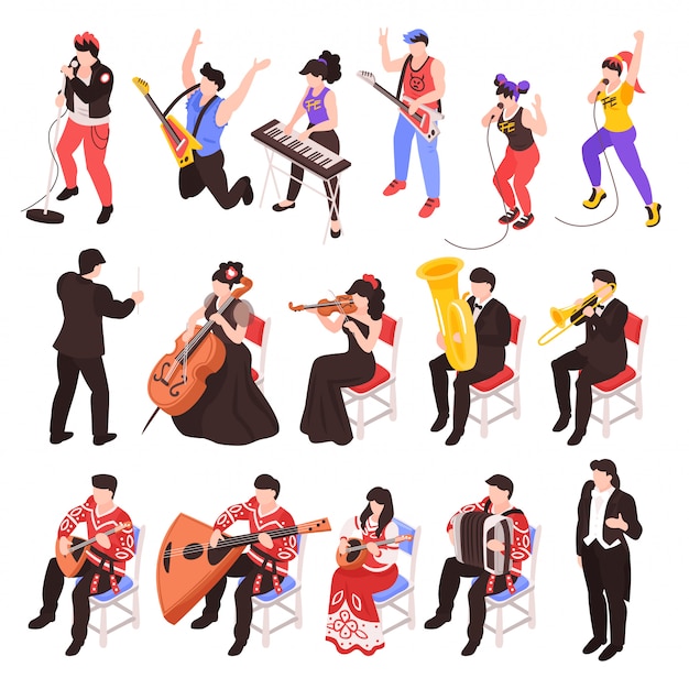 Free vector musicians playing musical instruments isometric characters set with rock band  cellist trumpet classical jazz ensemble