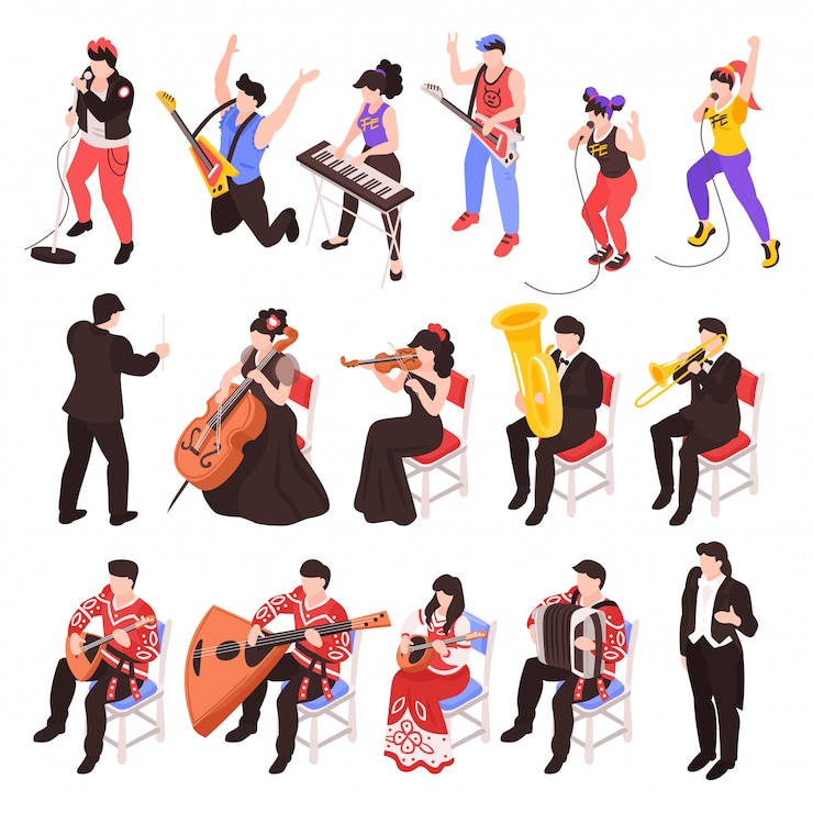 Free Vector musicians playing musical instruments isometric characters set with rock band  cellist trumpet classical jazz ensemble