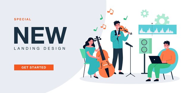 Musicians recording music with professional equipment. People playing violin and cello flat vector illustration. Audio record, production concept for banner, website design or landing web page