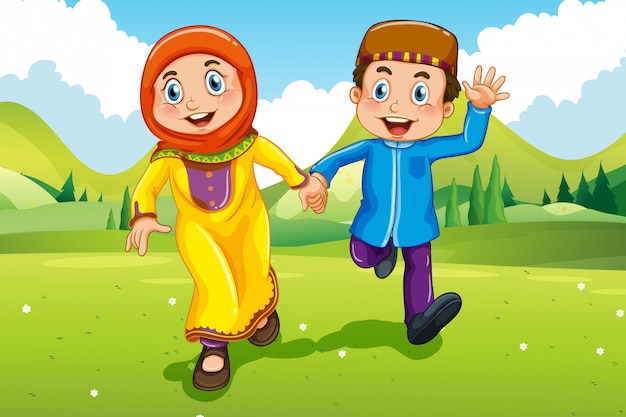 Free vector muslim boy and girl holding hands