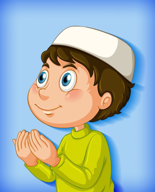 色のグラデーションの背景に祈るイスラム教徒の少年