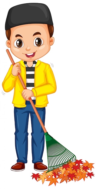 Free vector muslim boy raking leaves on isolated