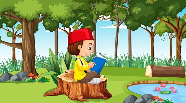 Free vector muslim boy wears traditional clothes and reading a book in the forest