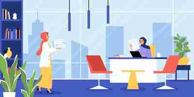 Free vector muslim businesswomen composition with indoor scenery of office with female boss and employee working with papers vector illustration