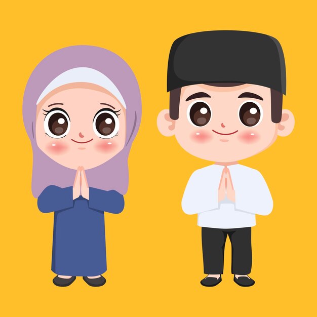 이슬람 만화 남자와 여자 캐릭터 포즈 귀여운 만화 벡터 디자인