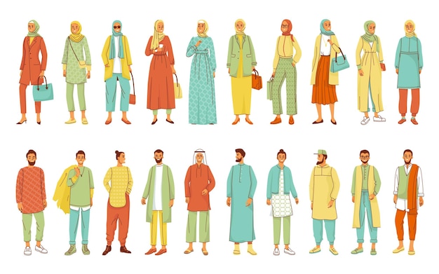 Бесплатное векторное изображение Мусульманская одежда плоский цветный набор мужчин и женщин в современной модной национальной одежде изолированная векторная иллюстрация