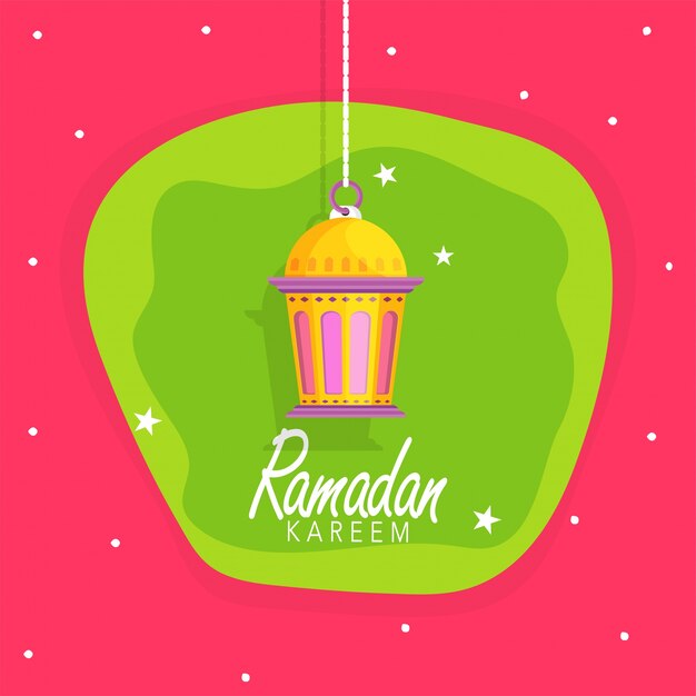  Muslim Community Holy Month, Ramadan Kareem greeting card design with Beautiful Hanging Lamp on stars decorated background. 