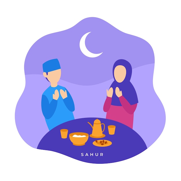 Muslim couple praying sahur predawn meal before start fasting all day in ramadan flat illustration Premium Vector