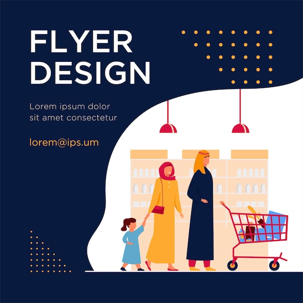 Muslim family buying food in supermarket. arab cartoon characters wheeling shopping cart in grocery store. flyer template Free Vector