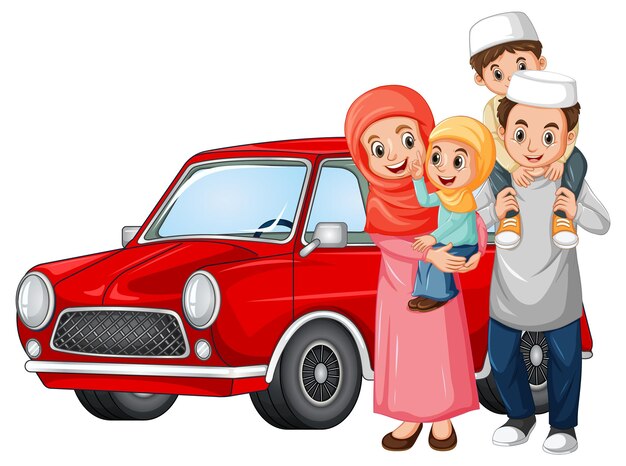 Muslim family next to the car