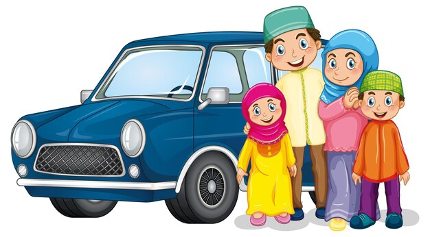Muslim family next to the car