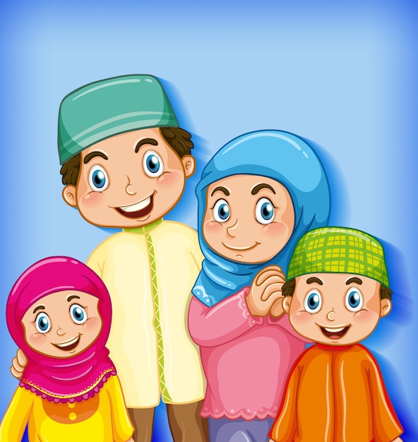 Vettore gratuito membro della famiglia musulmana su sfondo sfumato di colore personaggio dei cartoni animati