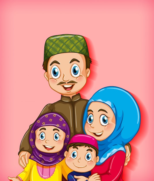 만화 캐릭터 색상 그라데이션 배경에 이슬람 가족