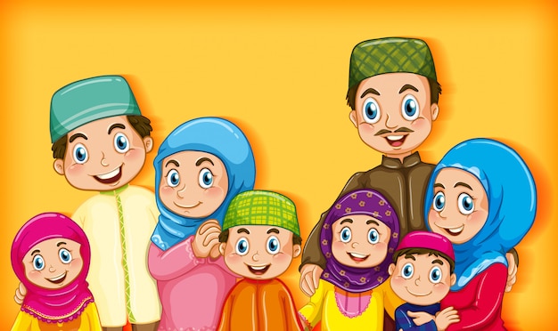 漫画のキャラクターの色のグラデーションの背景にイスラム教徒の家族