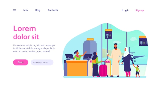 Muslim family standing at check in desk in airport. Couple with children waiting boarding. International tourism concept for website design or landing web page