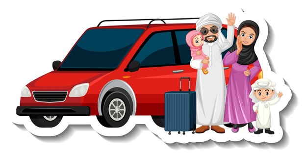 Muslim family standing in front of a car