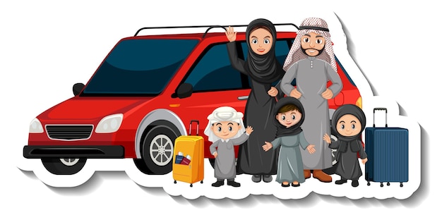 차 앞에 서 있는 이슬람 가족