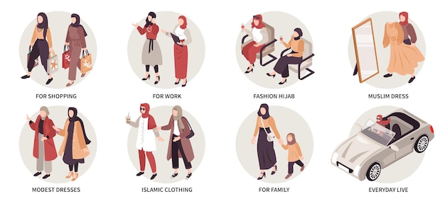 Изометрические композиции мусульманской моды с женщинами, одетыми в скромную исламскую одежду и хиджаб, изолированная векторная иллюстрация