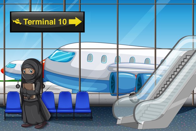 Muslim girl at the airport terminal