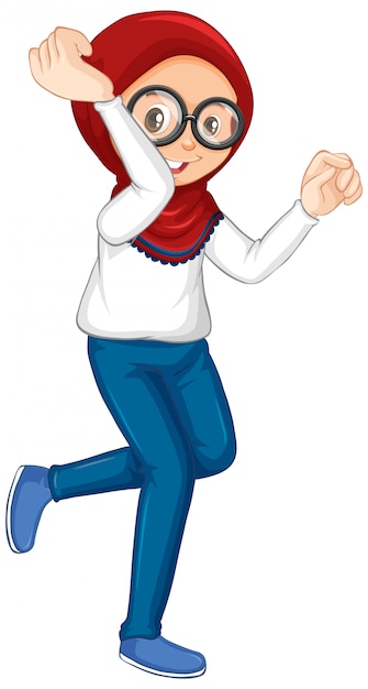 Free vector muslim girl in bluejeans dancing on white