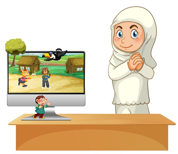 Free vector muslim girl next to computer