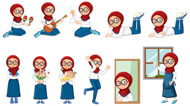 Muslim girl doing many activities on white