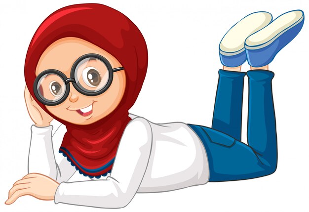 Muslim girl laying down on white