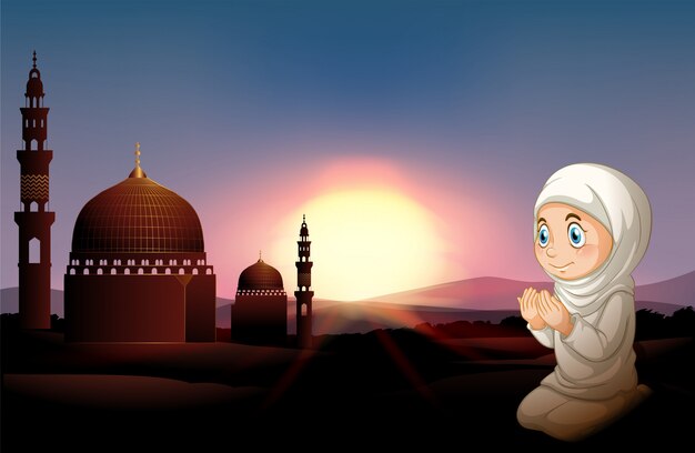 Muslim girl praying at the mosque