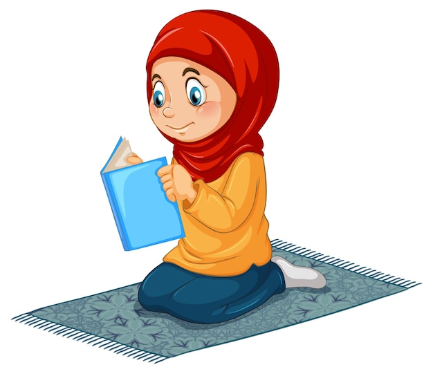 Muslim girl reading book on white background