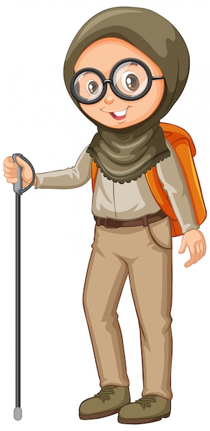 Free vector muslim girl in scout uniform with hiking stick on white background