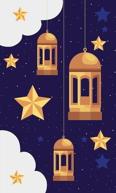 Free vector muslim golden lanterns hanging