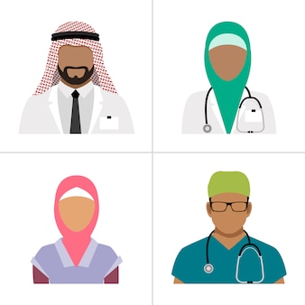이슬람 건강 관리 전문가 벡터. 아랍 병원 팀, 의료 노동자 의사와 간호사의 그룹 격리