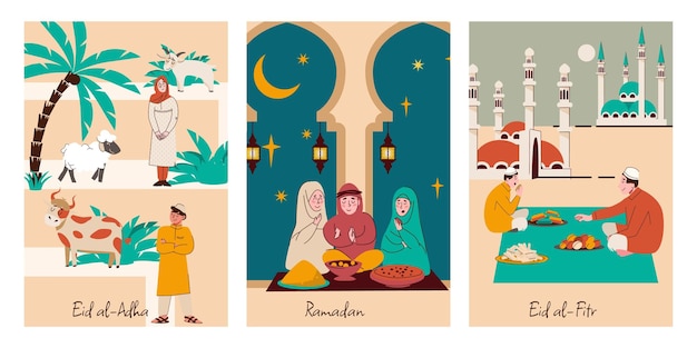 Muslim holidays set of three vertical compositions with flat ornate text and oriental doodle human characters vector illustration