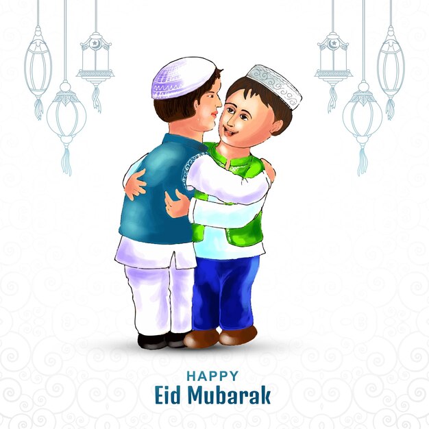 Muslim kids people hugging and wishing eid mubarak celebration background
