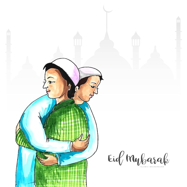 Muslim man people hugging and wishing eid mubarak celebration background