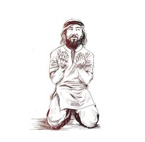Uomo musulmano che prega, sfondo vettoriale di schizzo disegnato a mano.