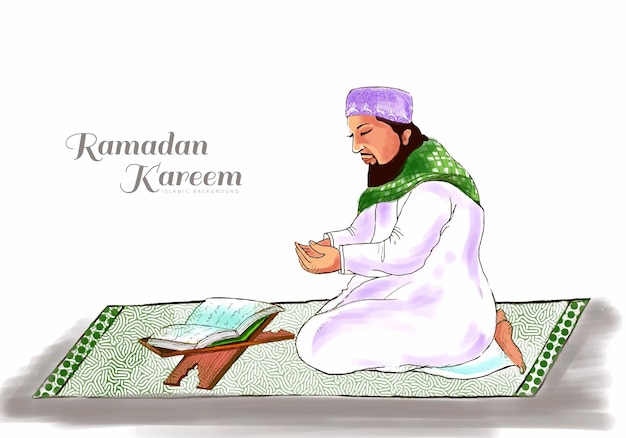 Free vector muslim man reading quran islamic praying eid mubarak background