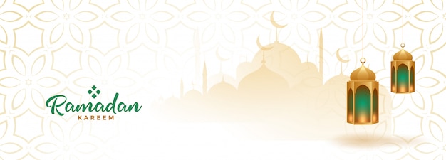 Free vector muslim ramadan kareem seasonal banner with hanging lanterns