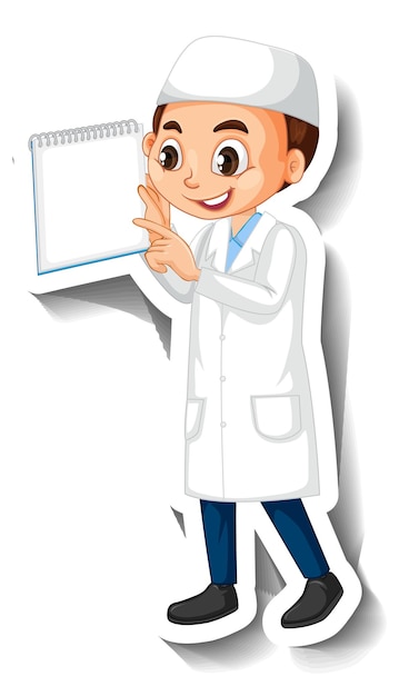 Free vector muslim scientist boy cartoon character sticker