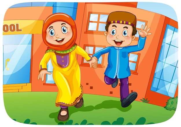 Free vector muslim sister and brother cartoon character