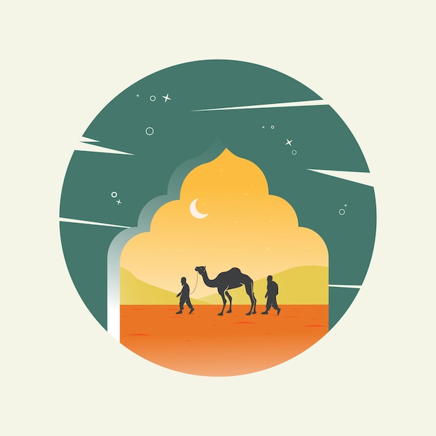 Мусульманский путешественник, идущий с верблюдом Premium векторы