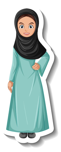 Muslim woman cartoon character sticker on white background