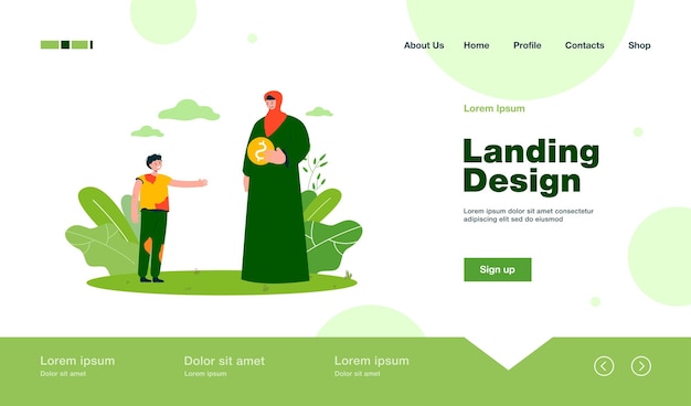 Free vector muslim woman giving alms to messy boy landing page in flat style