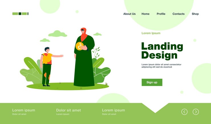Free Vector muslim woman giving alms to messy boy landing page in flat style