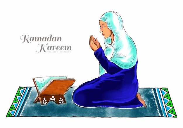 無料ベクター 背景を祈った後、コーランのイスラム教の聖典を読んでイスラム教徒の女性
