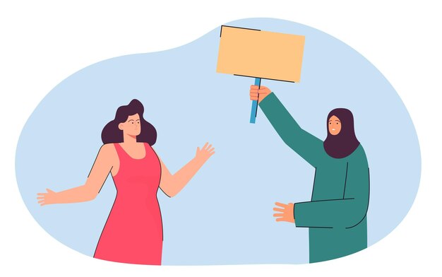 Мусульманка показывает пустой плакат равнодушной девушке. Исламист держит знак протеста против плоской векторной иллюстрации. Политика, религия, концепция конфликта для баннера или целевой веб-страницы