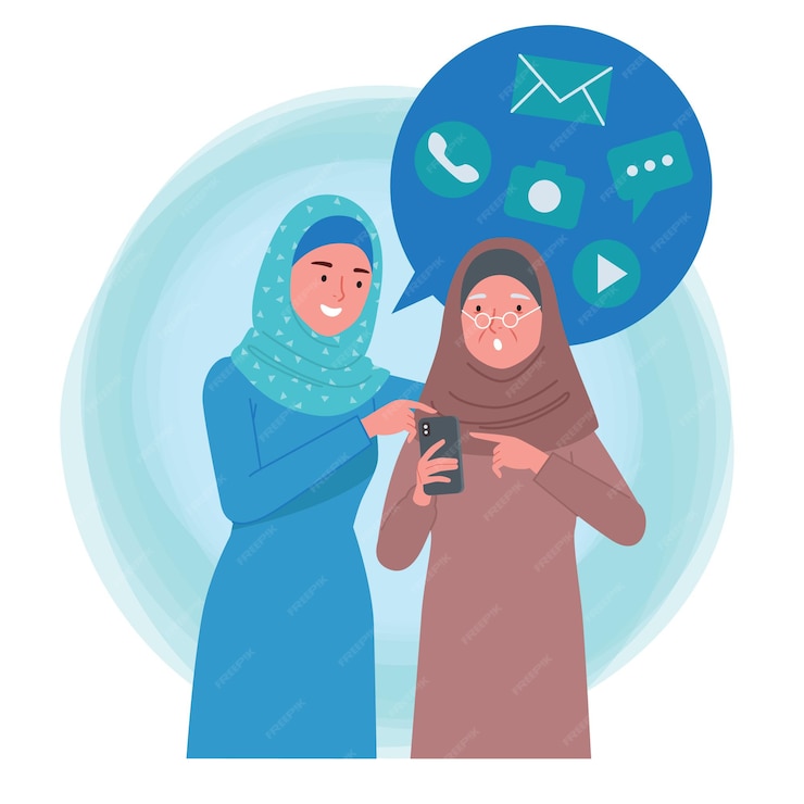  A muslim woman teaching elderly to use technology or smartphone Premium Vector