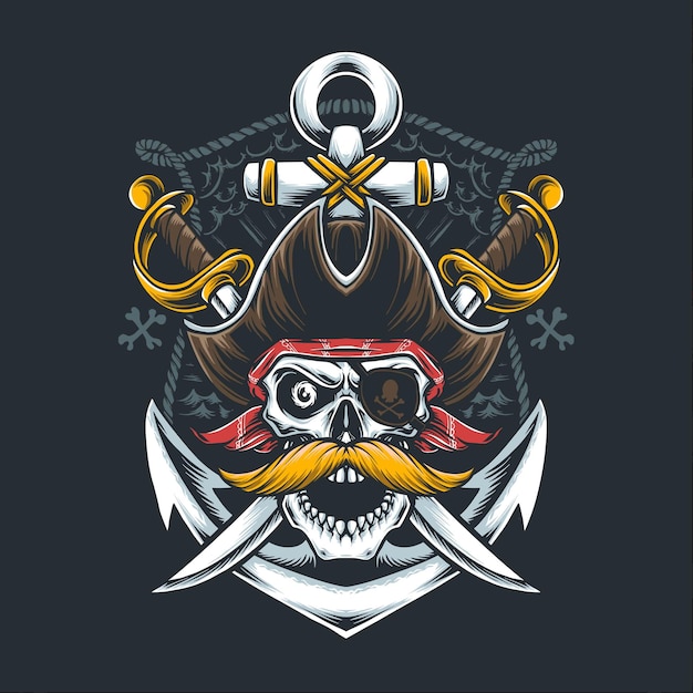 Усатый пиратский череп с мечом и якорем