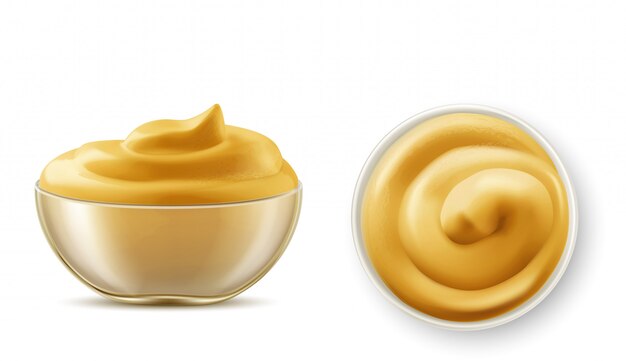 Mustard sauce in bowl top view and side view set